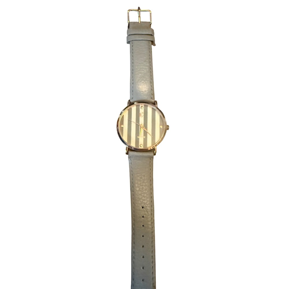 C Quartz Watch Rose Gold Tone Grey White Striped Dial Grey Leather Band 9732